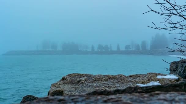 Jezera Zamlžené Počasí Mlhavá Mlha Fouká Nad Mořským Pobřežím Stromy — Stock video
