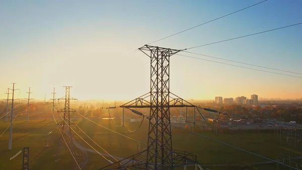 High Voltage Electricity Pylon Golden Hour Background International Earth Hour — Stock Photo, Image