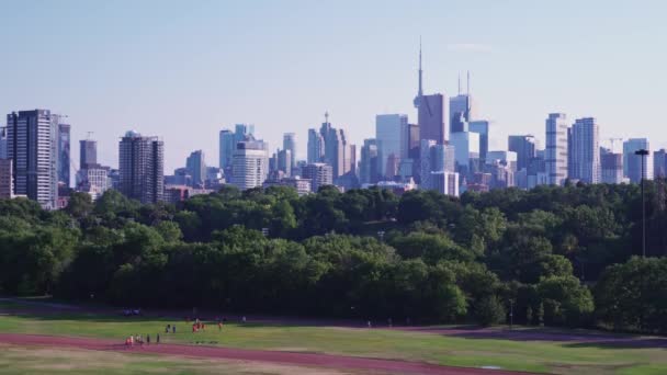 Panoramic View Toronto Skyline Ontario Lake Sunset Scattered Clouds People — Stock Video