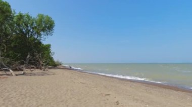 Point Pelee beach at national park panoramic view in Ontario, Canada. Most southern point in mainland Canada during summer season. Point Pelee tip at windy day and heavy strong waves. Lake Erie.