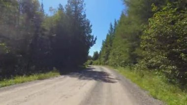 Ön manzara, çakıllı bir yolda plaka sürüyor. POV araba manzaralı. Ağaçlık ormanı olan kırsal dolambaçlı bir yol. Güneşli öğleden sonra mavi gökyüzü. Manitoulin Adası 'nda boş virajlı yol, trafik yok..
