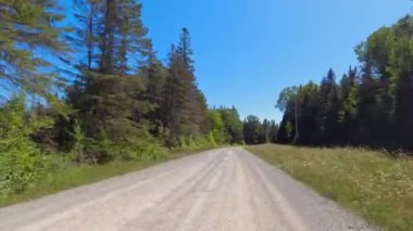 Ön manzara, çakıllı bir yolda plaka sürüyor. POV araba manzaralı. Ağaçlık ormanı olan kırsal dolambaçlı bir yol. Güneşli öğleden sonra mavi gökyüzü. Manitoulin Adası 'nda boş virajlı yol, trafik yok..