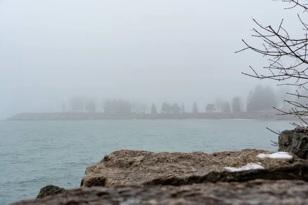 Gölde yağışlı sisli hava. Su kıyısında ve ağaçlarda sisli bir sis esiyor. Soğuk sisli yağmurlu kış akşamı. Scarborough Kayalıkları ya da Kayalıklar Ontario göl suları. 