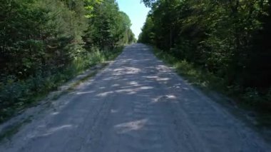 Sürücü plakası ileri bakıyor, ön manzara. POV araba manzaralı. Kırsal düz yol çakıllı yolda ilerliyor. Misery Bay, Manitoulin Adası, yaz zamanı. Kırsal düz orman, yol dışında araba yok..