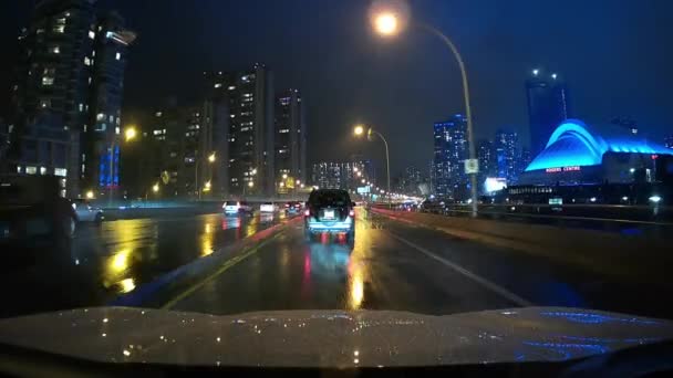 Motion Forward Night Driving Plate Gardiner Expressway Toronto City Gta — Stockvideo
