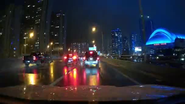 Motion Forward Night Driving Plate Gardiner Expressway Toronto City Gta — Stock video