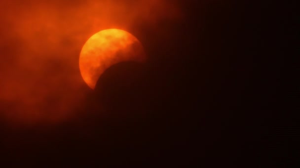 Beginning Real Solar Eclipse Depiction Solar Eclipse Clouds Moon Starts — Stock Video