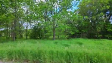 Plaka sağ taraftaki araba manzaralı. Yolcu tarafı sürüş manzarası. Cambridge, Ontario 'da rüya tarlası gezisi. Kanada 'nın kırsal yolları. Tarım alanları ufukta fırtına gibi