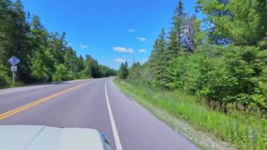 Ontario King 's Highway 28' deki çekimde ön sürücü plakası öndeki sağdaki kaputa bakıyor. POV araba manzaralı. Kırsal viraj yolu. Yaz günü mavi gökyüzü doğal yeşil orman vahşi doğası. İleride..