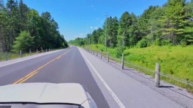 Ontario King 's Highway 28' deki çekimde ön sürücü plakası öndeki sağdaki kaputa bakıyor. POV araba manzaralı. Korumalı kırsal viraj yolu. Yaz günü mavi gökyüzü doğal yeşil orman vahşi doğası. İleride araba yok..