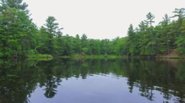 Büyük levrek avlama sporu sırasında Kuzey Amerika 'nın doğal manzaralarının resimli panoramik görüntüsü. Güzel köknar ağaçları ve göldeki küçük adalar. Hobiler yaşam tarzı balıkçılığı.