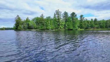 Güzel köknar ağaçları ve teknede balık avlarken gölün kayalık kıyı şeridi manzarası. Hobilerin yaşam tarzı balıkçılık. Eğlence amaçlı balık tutma sporu. Şaşırtıcı Kuzey Amerika doğası.