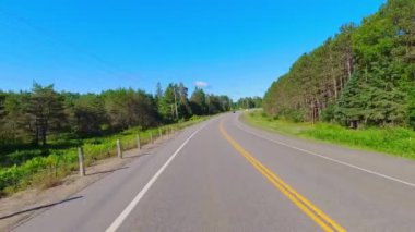 Aracın arka penceresi 28 numaralı otoyolda. Ormandan geçen temiz asfalt yolu. Vahşi, güneşli yaz mevsiminde otoyol. Sürücü plakası: Bancroft, Kawartha gölleri, Ontario, Kanada - 28 Haziran 2024