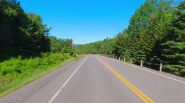 28. otobanın geniş açılı çekim plakalı kamera pov 'u Kanada kalkanının yeşillik bolluğunu geçiyor. Arabanın arkasından asfalt yol manzarası: Bancroft, Kawartha, Ontario, Kanada - 28 Haziran 2024