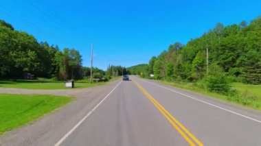 Bagajın arka tarafındaki geniş arabanın sürücü plakası. Arka ya da beşinci kapı pencere manzaralı. Düz asfalt yol POV Karayolu 28: Bancroft, Kawartha, Ontario, Kanada - 28 Haziran 2024