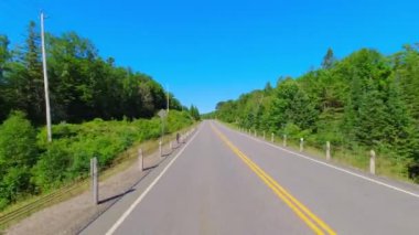 POV 28. karayolunu kullanarak Bancroft ve Kawartha, Ontario, Kanada arasındaki kayalık yeşilliği geçiyor. Uzun yeşil ormanlar boyunca asfalt yol. Arabanın arka koltuğundan sürüş plakası.