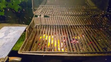 Ateş ızgarayı yakıyor. Yakacak odun patlatarak barbekü için kömür hazırlandı. Kehribar tüküren barbekü şöminesi yavaşça havaya tükürüyor. Parlak alevlerle barbekü ızgarası..