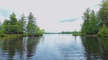 Kanada 'daki huzurlu yaz gölü manzarasının manzarası, turizm beldesi. Yaz akşamında göl gibi güzel bir manzara hayal et. Kuzey Amerika 'nın yoğun çam ormanlarıyla çevrili.