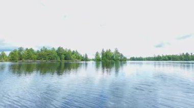 Kanada 'daki huzurlu yaz gölü manzarasının manzarası, turizm beldesi. Yaz akşamında göl gibi güzel bir manzara hayal et. Kuzey Amerika 'nın yoğun çam ormanlarıyla çevrili.