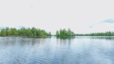 Kanada 'daki huzurlu yaz gölü manzarasının manzarası, turizm beldesi. Yaz akşamında göl gibi güzel bir manzara hayal et. Kuzey Amerika 'nın yoğun çam ormanlarıyla çevrili.
