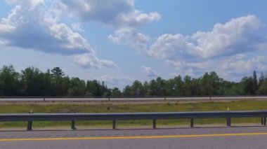 Bakış açısı, sol taraf araba manzarası. Sürücü penceresi manzaralı, POV sürüşlü 11. otoyolda seyahat sırasında. Kırsal kesimde yeşil ağaçlardan oluşan duvarları olan Kanada yolları..