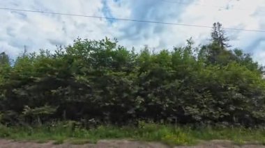 Burk 's Falls Ontario, Pickerel Gölü manzaralı destansı yolda, bulutlu mavi gökyüzü ve kırsal kesimde yeşil köknar ağaçları olan bir araç. Geniş açı görünümü.