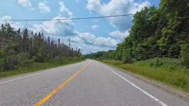 Arabayla manzara gezisi, ön plaka, sürücü bakış açısı. Kır evindeki asfalt yol. Karavanla aile tatili, tatil ve macera seyahati Motorize Karavanda, Kanada.