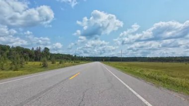 Kanada ormanlarından geçen bir otoyolun güzel yaz manzarası. Kamp minibüsüyle seyahat ederken sahne sürücüsü POV ön plakası. Kanada 'da motorlu karavandan asfalt yolda araba sürerken..