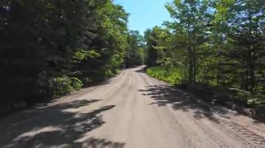 Yeşil çam ormanında çakıl yolu, sıcak Temmuz yaz şoförü plakası manzaralı. Kuzey yaban hayatında kontrol edilmemiş çakıl topraklarını gezmek güzel manzaraları ortaya çıkarır. Seyahat deneyimleri ve manzaralı yollar