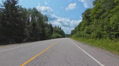 Kanada ormanlarından geçen bir otoyolun güzel yaz manzarası. Kamp minibüsüyle seyahat ederken sahne sürücüsü POV ön plakası. Kanada 'da motorlu karavandan asfalt yolda araba sürerken..