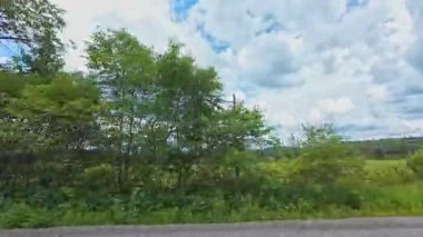 Kanada ormanları boyunca çakıl yolu ve ormanın güzel yaz manzarası. Kamp aracıyla seyahat ederken olay yeri yolcusu plakası. Kanada 'nın motorlu karavanından toprak yolda giderken.