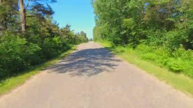 Manzaralı yolculuk, araba, arka plaka, yolcu bakış açısı. Kır evindeki asfalt yol. Karavanla aile tatili, tatil ve macera seyahati Motorize Karavanda, Kanada.