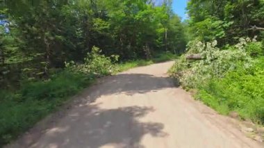 Sıcak temmuz ayında Burk 's Falls, Pickerel Gölü' nde boş çakıl taşı toprak yol manzaralı plaka. Kanada kır evinde tatil ve macera için karavan karavanı sürüyorum. Yol dışı.