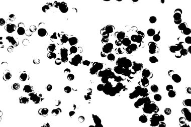 Parçacık dokusu, kütle grunge soyut iz beyaz arkaplan. Sıvı püskürt ya da bırak. Beyaz arka planda siyah mürekkep damlaları. Çember şeklinde siyah çamur sıçramış. Vektör.