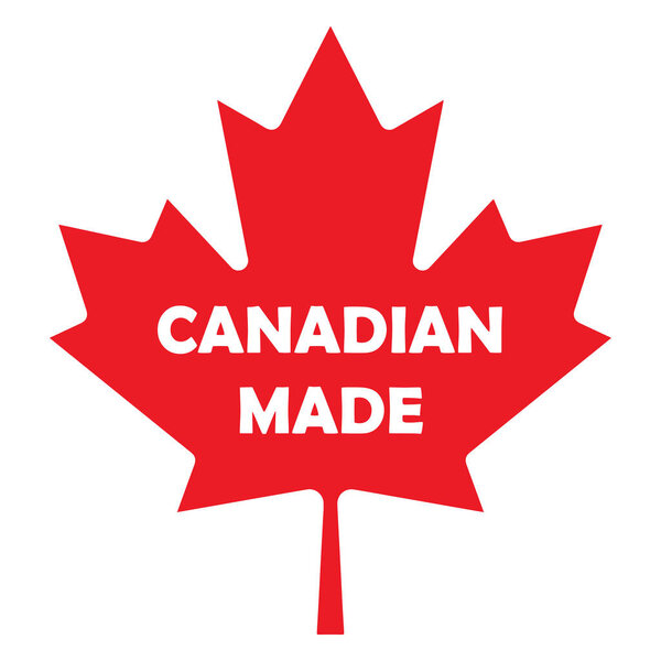 Канадский ценник. Канадский продукт для коммерческого бизнеса. Значок или символ печати красным и белым цветом. Эмблема с кленовым листом как сертификат производства в канадской почве. Вектор.