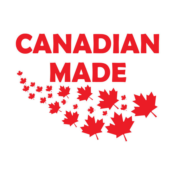 Канадский ценник. Канадский продукт для коммерческого бизнеса. Значок или символ печати красным и белым цветом. Эмблема с кленовыми листьями в качестве сертификата производства в канадской почве. Вектор.