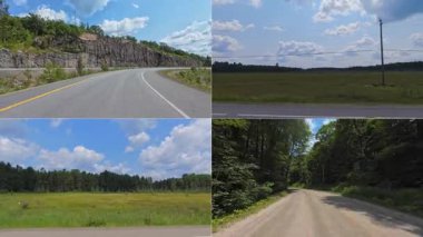 Pencere kenarlarındaki dört arabanın plaka plakası. Kanada, Ontario Parry Sound Bölgesi, Burk Şelalesi 'ndeki Kanada Kalkanı kayalık yeşilliğini geçen 11. Otoyol. Asfalt yolu uzun yeşil ormanların içinden geçiyor..