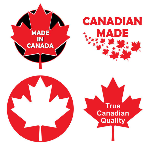 Set of price tag or label emblem with phrases, Made in Canada, Canadian Made, True Canadian Quality. Canadian manufacturing and production on Canadian soil. Stamp template, in English. Vector.