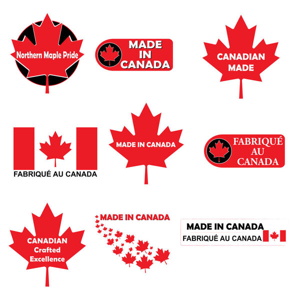 Set of price tag labels for produce. Phrases, Made in Canada translation from French, Canadian made, Northern Maple Pride, Canadian Crafted Excellence. Vector.