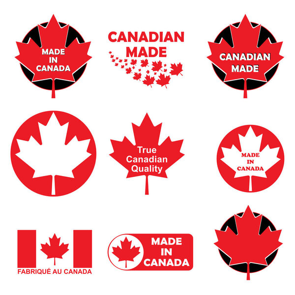 Set of price tag label with phrases, Made in Canada translation from French, Canadian made, True Canadian Quality. Canadian product sticker for commerce business. Badge or seal symbol. 