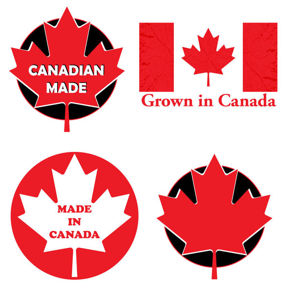 Set of price tag or label emblem with phrases, Made in Canada, Canadian Made, Grown in Canada. Canadian manufacturing and production on Canadian soil. Stamp template, in English. Vector.