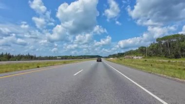 Sürücü manzaralı araba plakası. POV doğal güzellik ve macera sergiliyor. Birinci şahıs görüşü asfalt otoyol 11, ON: Burk 's Falls, Ontario, Kanada - 15 Temmuz 2024