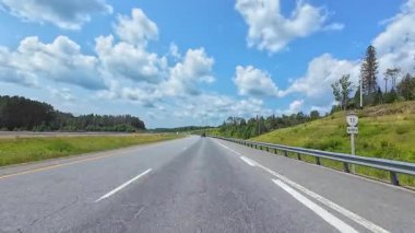 Sürücü manzaralı araba plakası. POV doğal güzellik ve macera sergiliyor. Birinci şahıs görüşü asfalt otoyol 11, ON: Burk 's Falls, Ontario, Kanada - 15 Temmuz 2024