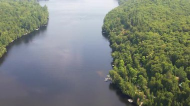 Kuzey Ontario 'daki Baptist Gölü' nün havadan görünüşü. Yaz günü Kanada Gölü 'nün kuş bakışı manzarası. Kır evinin kalbinde çarpıcı yeşil yemyeşil ormanların çerçevelediği güzel bir tatlı su gölü manzarası..