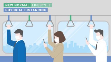 Salgın Covid-19 Corona virüsünden sonra toplu taşıma şehri yaşam tarzı. Yeni normal, uzak durmak ve maske takmak. Düz tasarım biçimi vektör kavramı