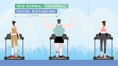 Salgın Covid-19 Corona virüsünden sonra spor salonu yaşam tarzı. Yeni normal, koşu bandında koşan sosyal mesafeler. Düz tasarım tarzı. Vektör konsepti. Kaslı koca adam geri görüşü.