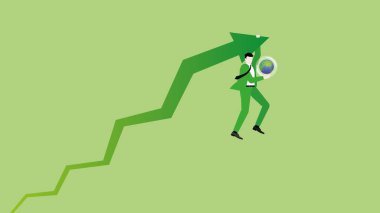 Bir iş adamı dünyaya yükselen yeşil bir ok sallıyor. ESG ve yeşil iş politikası kavramı, büyüme karbondioksit net sıfır emisyon, karbon ayak izi, gezegeni kurtarma ve küresel ısınma azaltır.