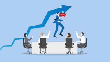 Bir patron takım çalışmasında kırmızı bayrak sallayarak yükselen mavi bir ok sallıyor. İş fırsatı, yatırım, piyasa tahmini, tahmin, kar, büyüme, zenginlik, vizyon ve misyon kavramı.