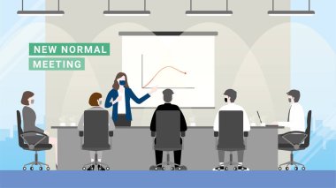 İş krizi kar kaybı. Salgın Covid-19 Corona virüsünden sonra sunum. Yeni normal, iş yerinde maske takmaktır. Düz tasarım biçimi vektör kavramı