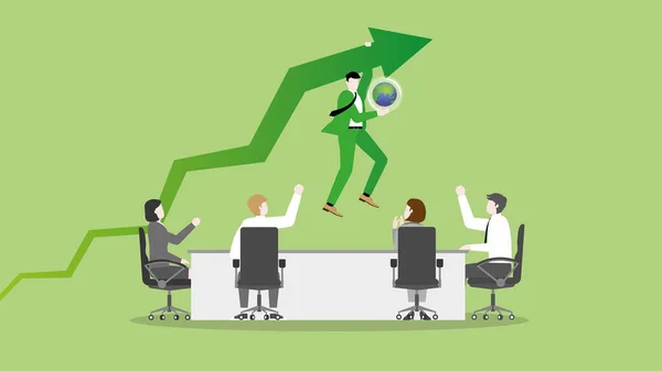 Bir iş adamı takım çalışması toplantısında dünyaya yükselen yeşil bir ok sallıyor. ESG ve yeşil iş politikası kavramı, büyüme, karbon dioksit net sıfır emisyon, karbon ayak izi ve dünyayı kurtarma.